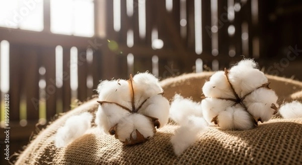 Obraz Raw Cotton Bolls in Rustic Barn Light