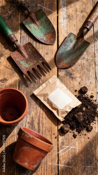 Obraz Rustic Gardening Tools and Clay Pots Flat Lay