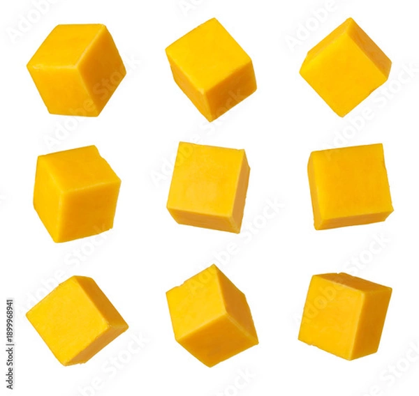 Obraz Floating cheddar cheese cubes on transparent background