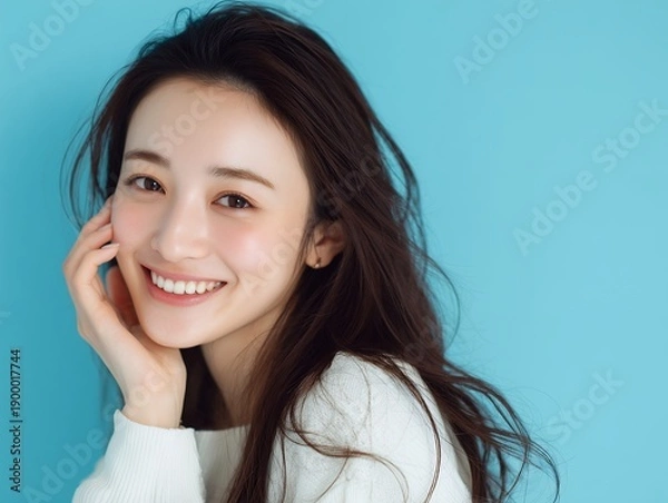 Fototapeta 爽やかな色合いの背景で自然な笑顔を見せる清潔感ある女性のナチュラルな表情