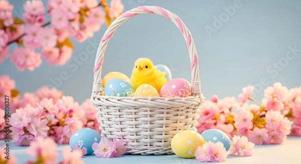 Obraz Easter day celebration with easter basket eggs and bunny chick