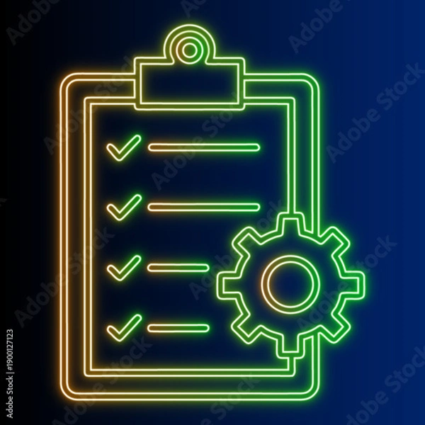 Obraz Neon Checklist Icon With Gear Symbol, Workflow Management, Process Optimization, Task Completion, Quality Control Illustration