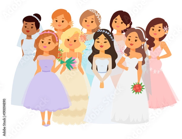 Fototapeta Wedding brides characters vector illustration celebration marriage fashion woman cartoon girl white ceremony marry dress