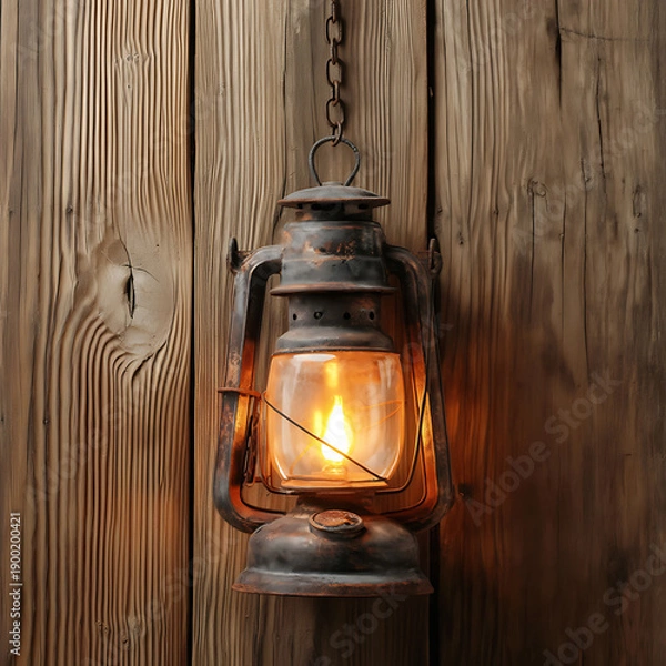 Obraz Rusty metal lantern with flame light isolated on a transparent background