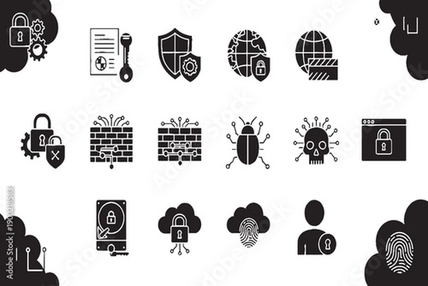 Obraz Cybersecurity and Data Protection Solid Icons Set on White Background
