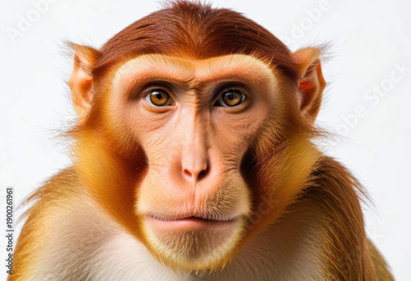 Obraz Proboscis monkey close-up portrait, focused expression, white background