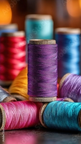 Fototapeta Colorful Threads Spools Stack with Vibrant Colors