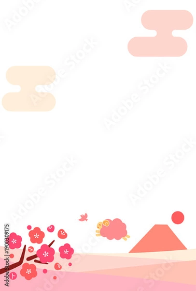 Fototapeta 未年年賀状用、羊が富士山と梅の花の咲く風景で笑顔でジャンプする縦型背景素材(文字なし)