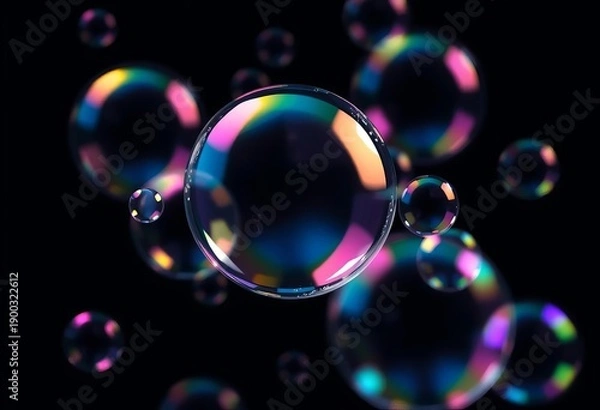 Obraz Shimmering iridescent soap bubbles against a dark background,  bubbles,  shadow