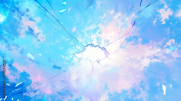 Obraz ひびの入った幻想的なブルーとピンク色の空に空いた穴のイラスト背景