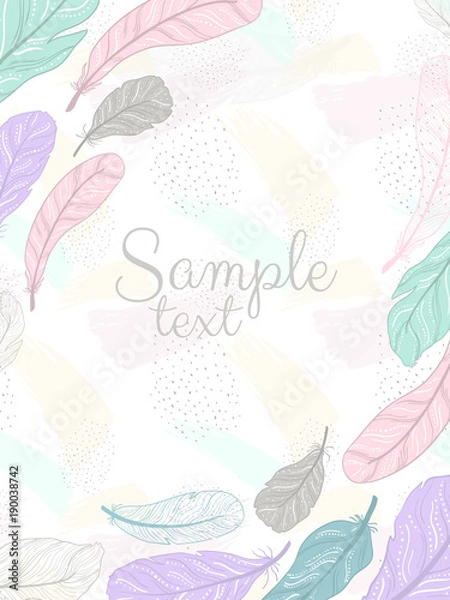 Fototapeta Vector poster with decorative ethnic frame made of feathers. Hand draw illustration.