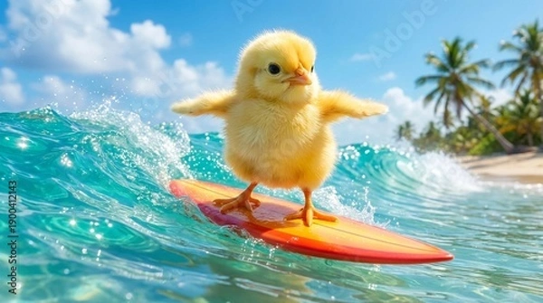 Obraz 美しい南の海でサーフィンしている赤ちゃんヒヨコ