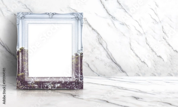 Fototapeta Blank double exposure nature view on vintage frame at white clean marble wall and floor background,Minimal simple style interior backdrop.mock up space for adding your text or design in banner.