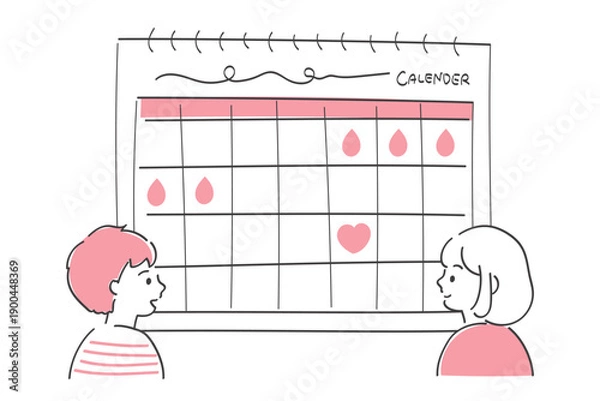 Obraz 2人でカレンダーを見る妊活中の夫婦｜線画のシンプルでスタイリッシュなイラスト