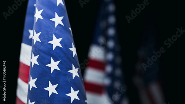 Obraz American Flags in Row on Black Background. 3d rendering