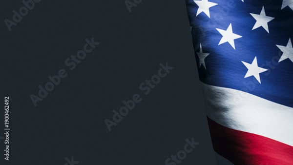 Obraz American Flag Side View on Dark Gray Background Copy Space. 3d rendering