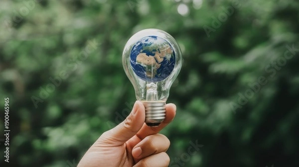 Obraz Hand holding a light bulb with a mini earth inside