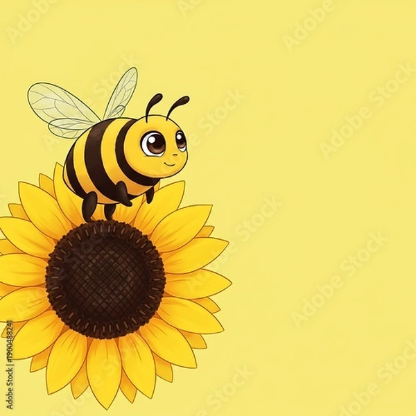 Obraz ひまわりと小さな蜜蜂の優しい水彩画