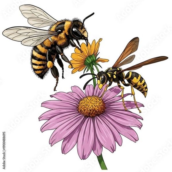 Obraz 蜜蜂とスズメバチの競演：写実的イラストレーション
