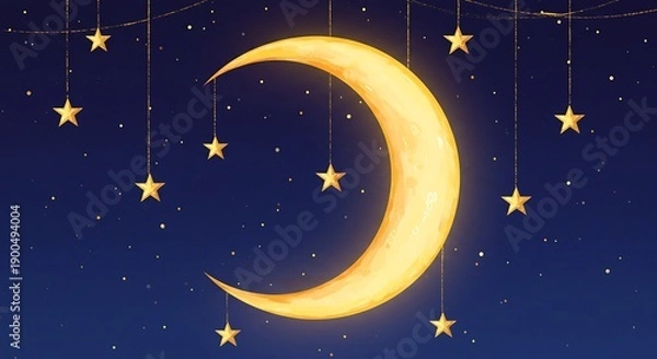 Obraz 水彩の夜空と三日月