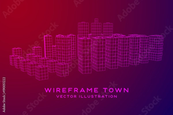 Fototapeta Mesh low poly wireframe cubes array like skyscraper city. Connected lines town. Connection Box Structure. Digital Data Visualization Concept. Vector Illustration.