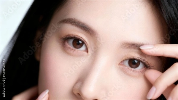 Obraz 両手で目元の肌を確認するスキンケア中の女性