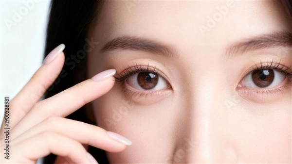 Obraz まつげの仕上がりを確認する透明感のある女性