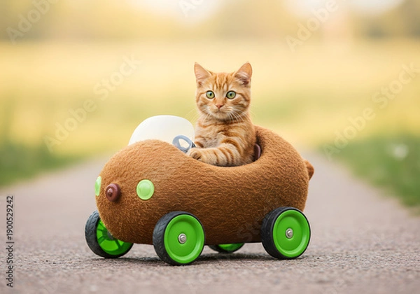 Obraz Ginger kitten driving toy car