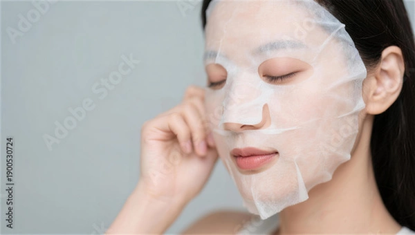 Obraz 美容液たっぷりのシートマスクで保湿する女性