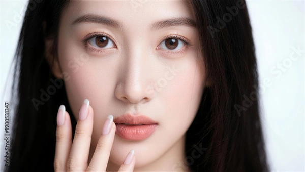 Obraz 口元に指先を添えてこちらを見つめる透明感のある女性