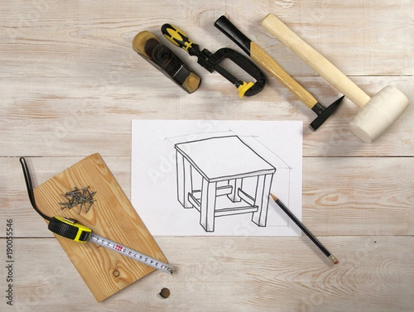 Fototapeta sketch furniture on a white sheet of paper, the top view