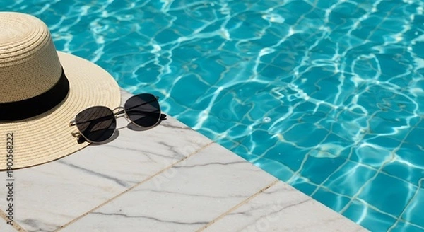 Obraz Summer Vacation Essentials: Sunglasses and Straw Hat by Pool