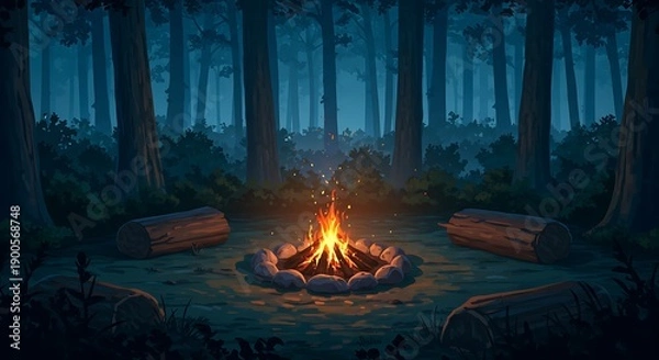 Obraz Campfire's Embrace: A Digital Night Forest