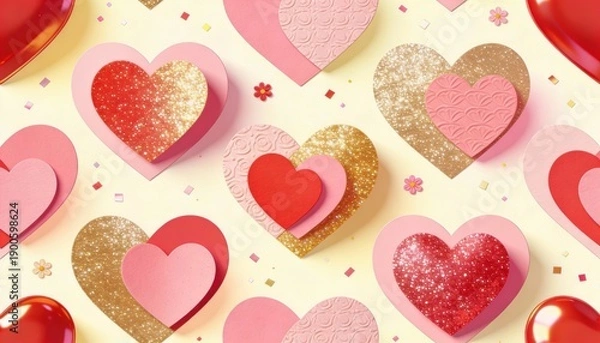 Obraz Seamless Valentine Heart Collage Pattern with Mixed Textures