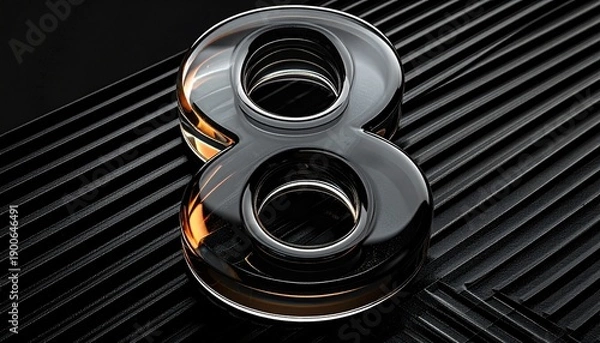 Obraz Number 8 in solid glass, black surface, bold highlights, and fine diagonal line pattern.