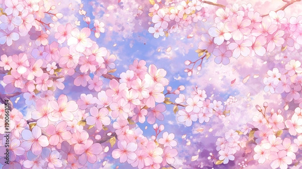 Obraz 桜の花びらが空を覆う春の絶景。夢の中にいるような優美な構図で、自然の美しさと季節感を引き立てる背景素材。