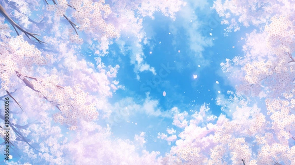 Obraz 桜の花びらが空を覆う春の絶景。夢の中にいるような優美な構図で、自然の美しさと季節感を引き立てる背景素材。