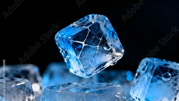 Fototapeta Falling Ice Cube with Cracks Droplets