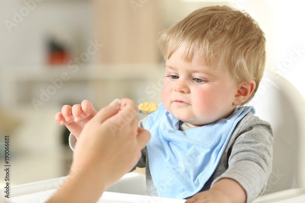 Obraz Mother hand feeding her baby in a high chair