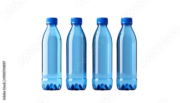 Obraz Four clear plastic bottles with blue caps stand against a solid black backdrop