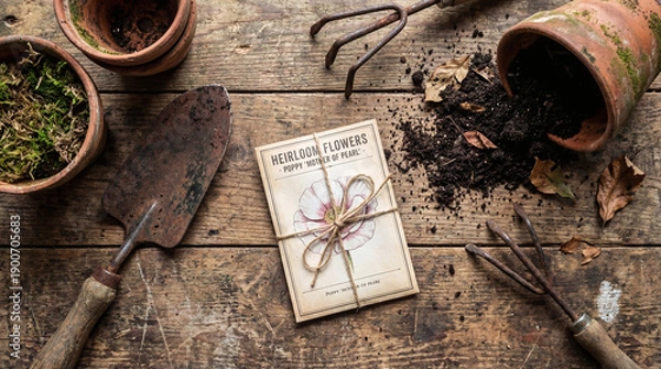 Obraz Rustic Gardening Tools and Clay Pots Flat Lay