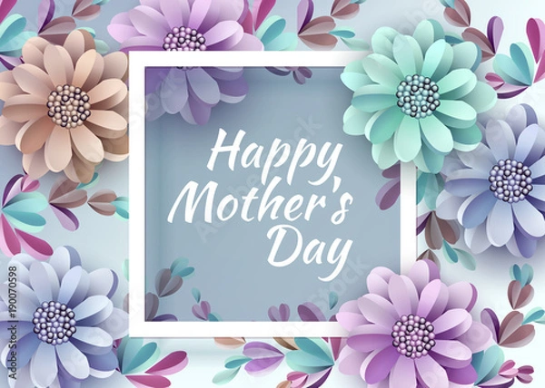 Fototapeta Abstract Festive Background with Flowers and a Rectangular Frame. Happy Mother's Day. Women's Day, March 8. Paper cut Floral Greeting Card. Vector illustration