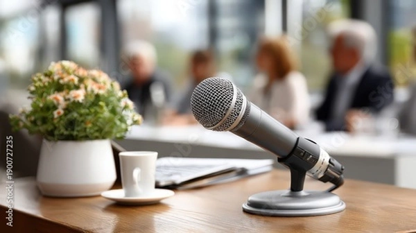 Obraz Microphone on table during corporate conference presentation