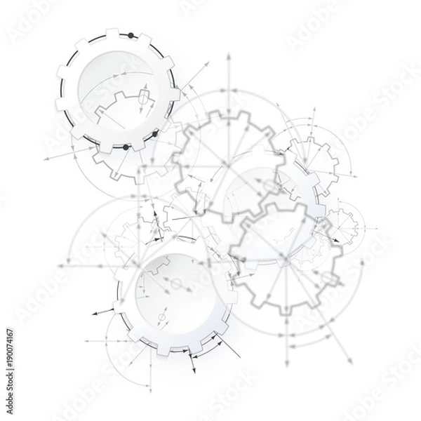 Fototapeta Gears in engagement. Engineering drawing abstract industrial background with a cogwheels.