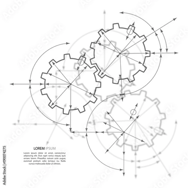 Obraz Gears in engagement. Engineering drawing abstract industrial background with a cogwheels.