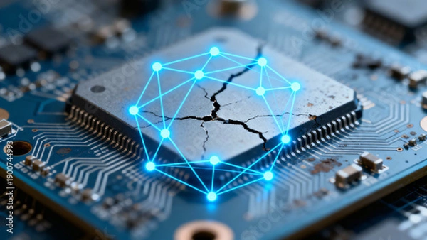 Obraz Cracked Microchip with Digital Network Overlay Representing Technology and Data Strain
