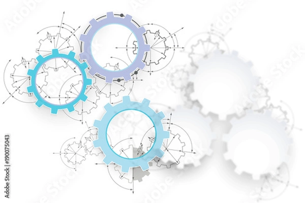 Obraz Gears in engagement. Engineering drawing abstract industrial background with a cogwheels.
