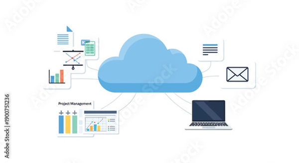 Obraz Cloud computing concept with data analytics and laptop connected via network, illustrating digital transformation and online services