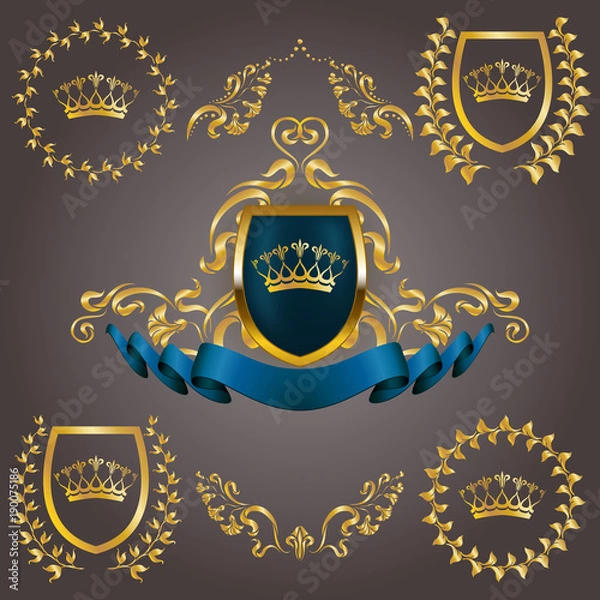 Fototapeta Set of golden royal shields with floral elements, ribbons, laurel wreaths for page, web design. Old frame, border, crown in vintage style for monograms, label, emblem, badge, logo. Illustration EPS10
