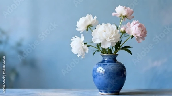 Obraz BlueVaseWithWhitePinkFlowers